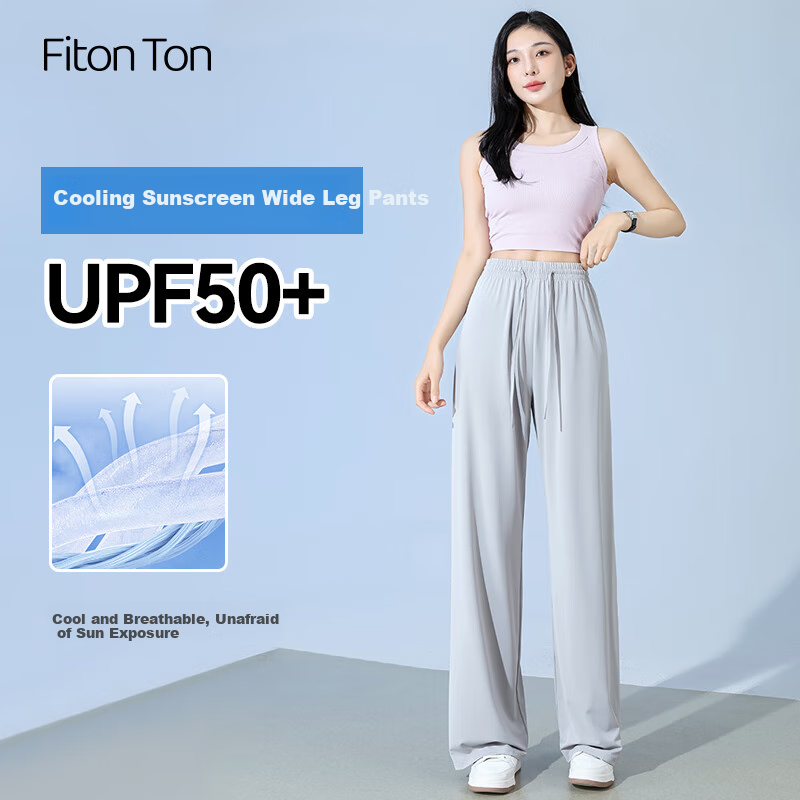 FitonTon Slim Ice Silk Sun Protection Wide-Leg Pants for Women, Summer Cool Thin High-Waist Draping Slimming Straight Casual Pants