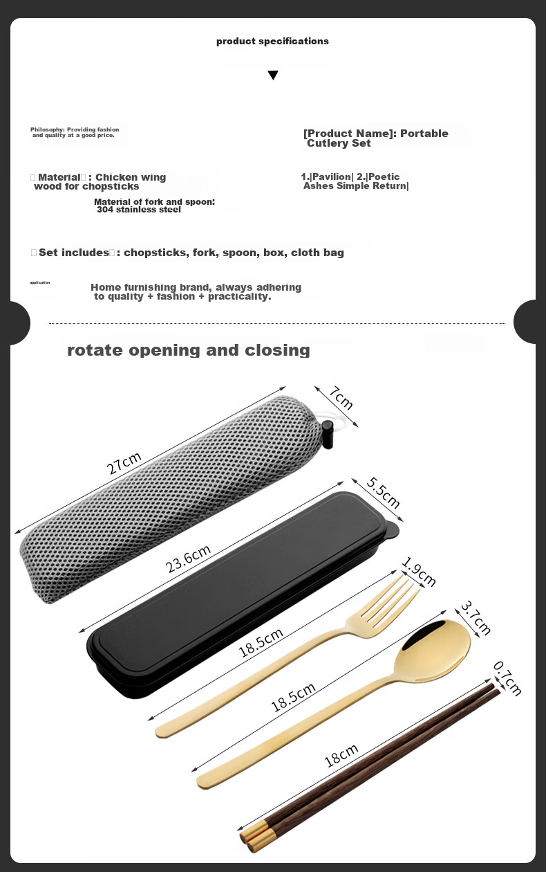 Shihua 304 Stainless Steel Spoon And Fork with Chicken Wing Wood Chopsticks Set, Four-Piece Portable Cutlery for Students, Adults And Travel 6