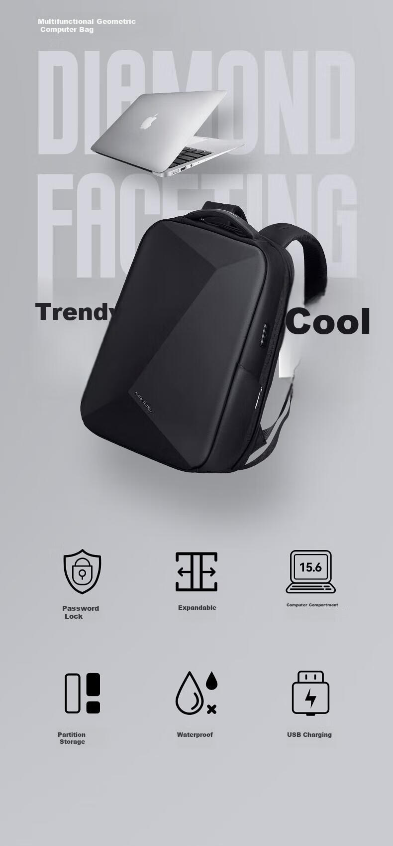 MARK RYDEN Backpack for Men, Double Shoulder Bag, 15.6-Inch Gaming Laptop Bag, Motorcycle Travel Bag, Schoolbag MR9405 Elegant Black Raincoat Style 3