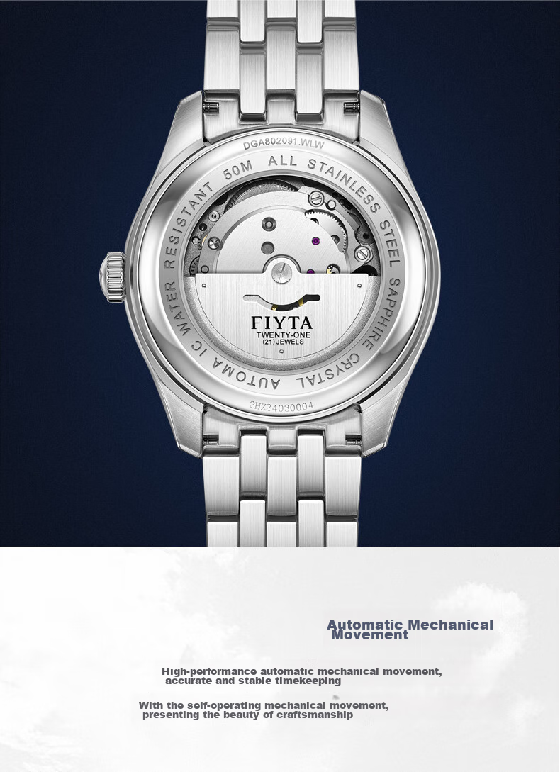 FIYTA Classic Series Automatic Mechanical Movement White Dial Steel Strap Women's Watch, Holiday Birthday Gift for Wife 18