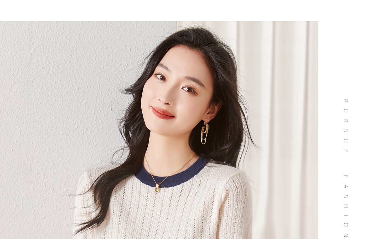 Chushen Spring And Autumn Knitted Sweater for Women, Fashionable Color-Block Round Neck Pullover Versatile Sweater Top S13KZ3554 White 15