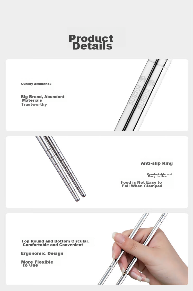 JD Original Chopsticks, Household Food-Grade Tableware, 304 Stainless Steel Non-Slip Heat-Resistant [Thickened And Durable], 10 Pairs Set 10