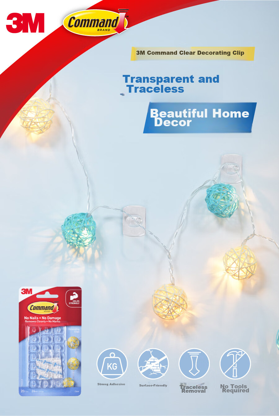 3M Transparent Adhesive Hooks, Cable Management Fasteners, 40 Pieces, Strong Adhesive No Drilling Required 1