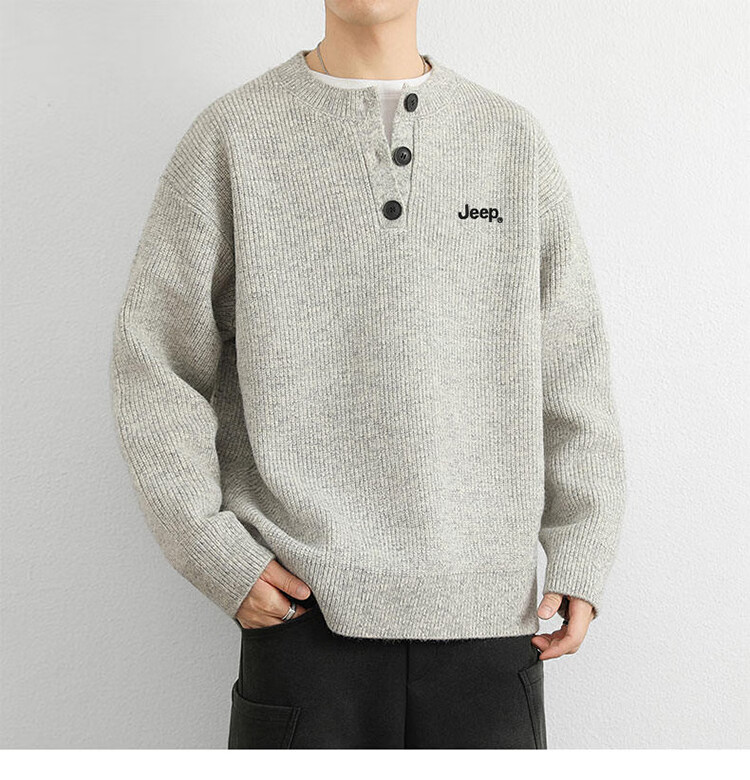 JEEP Men's Winter Sweater Thickened Warm Knitted Shirt Light Gray XL 2