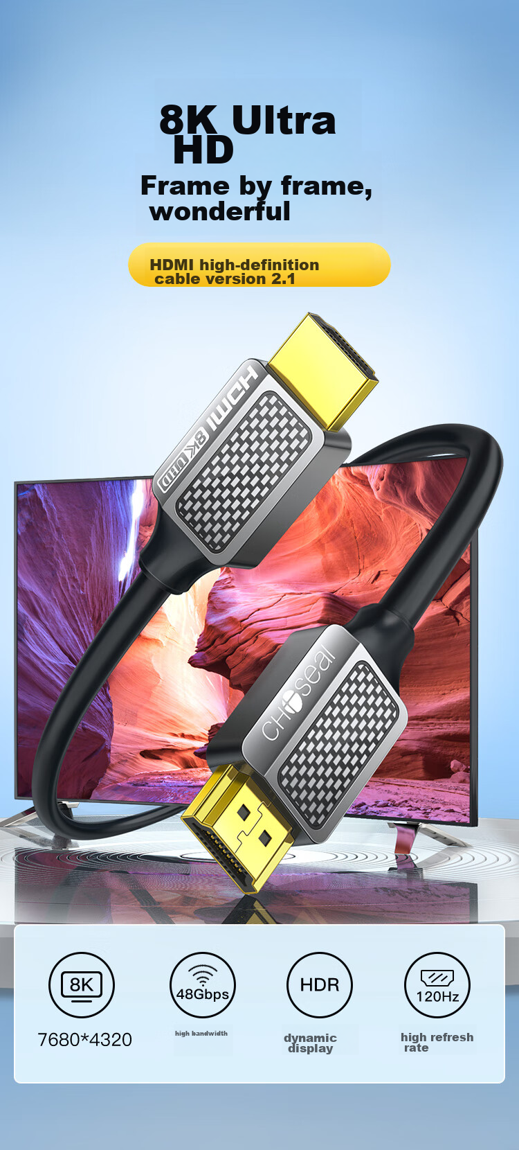 CHOOSEAL HDMI Cable Version 2.1, 8K60Hz 4K120Hz, Computer TV Monitor Projector Digital HD Video Connection Cable, 1 Meter, QS8210AT1 1