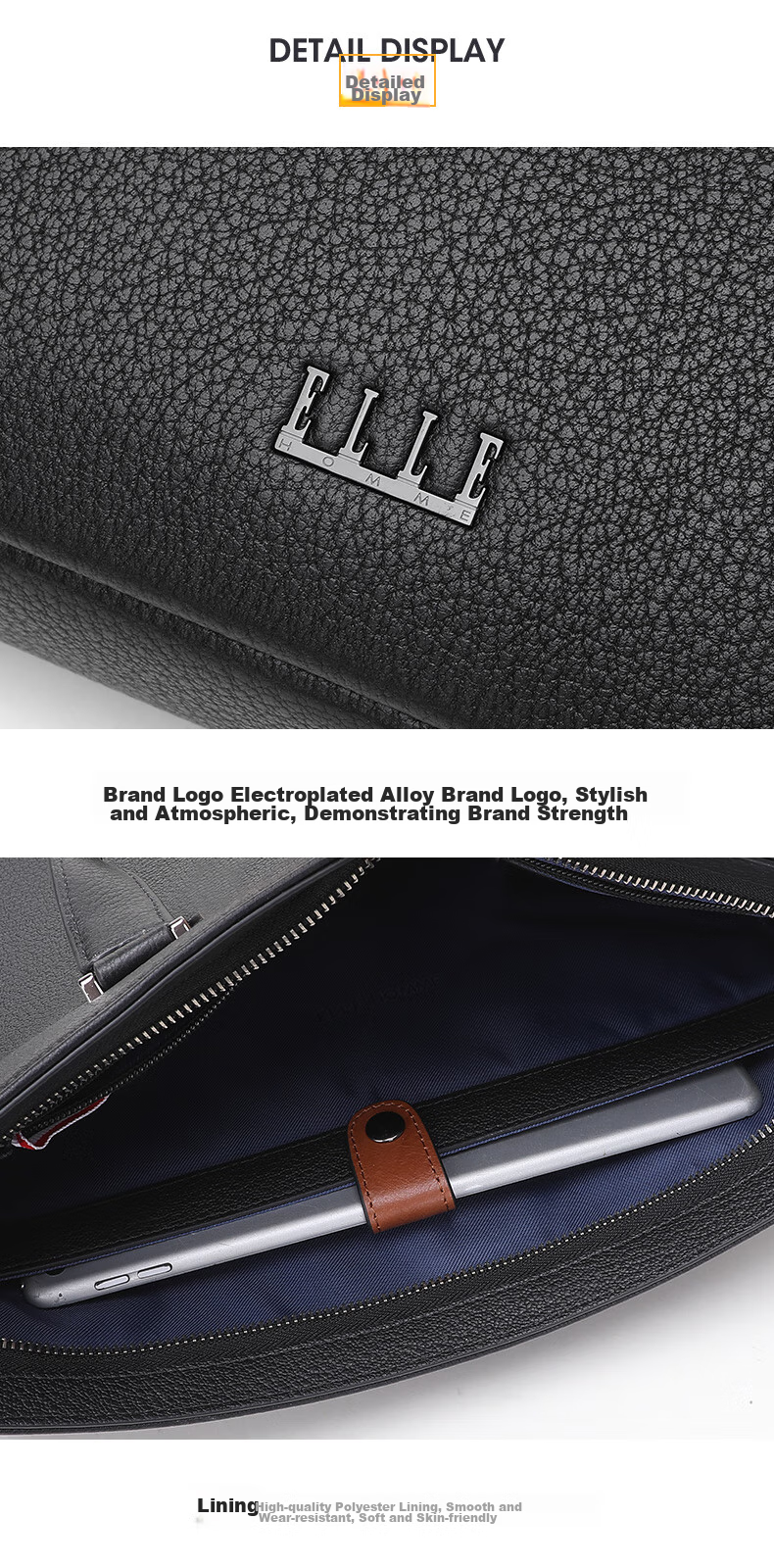 ELLE HOMME Men's Business Briefcase, Light Luxury Top-Grain Leather Handbag, Fashionable Laptop Bag EA388200510 Black 10