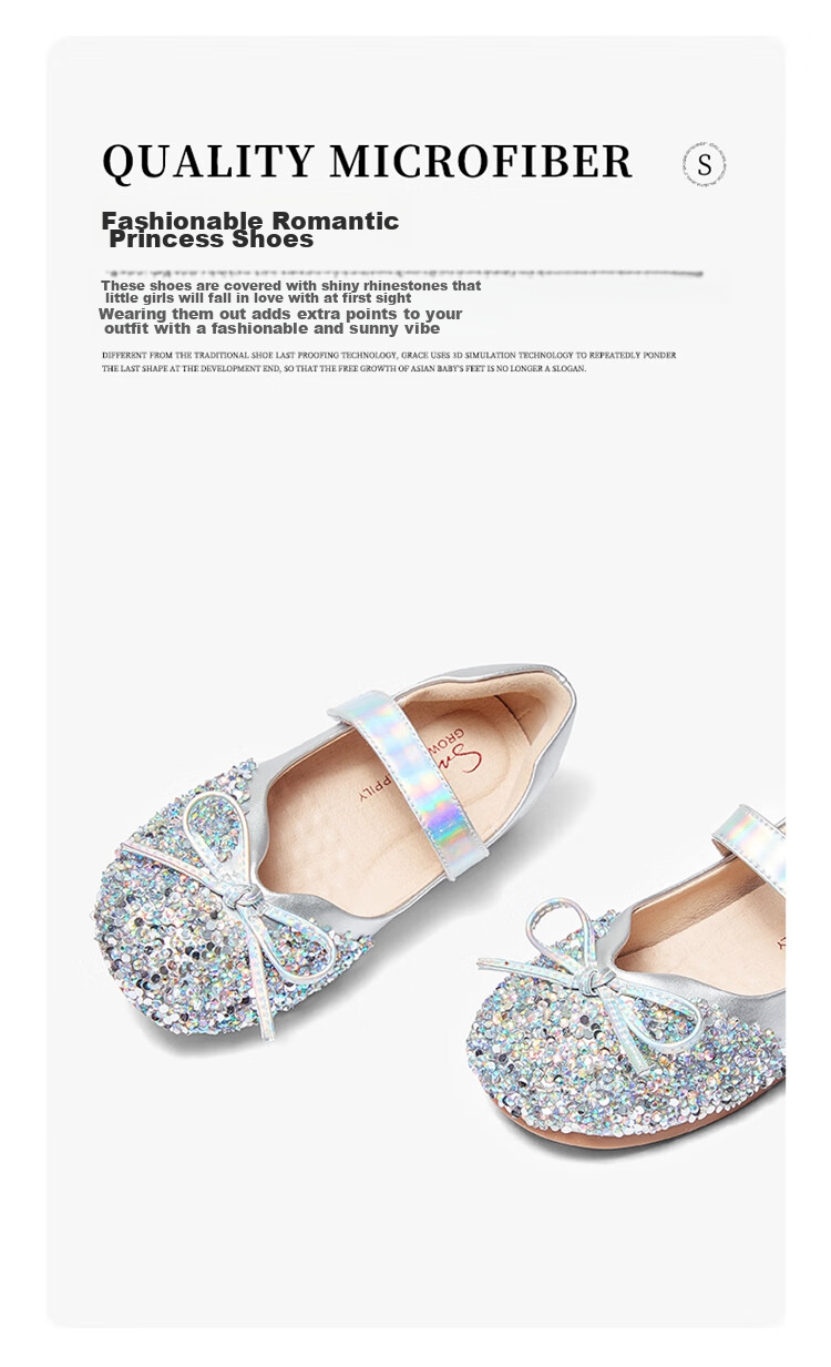 Snoffy Girls' Leather Shoes, Spring Children's Crystal Shoes, Shiny Diamond Princess Shoes, Comfortable Soft-Soled Flats for Little Girls, Moonlight Silver, Size 28 25