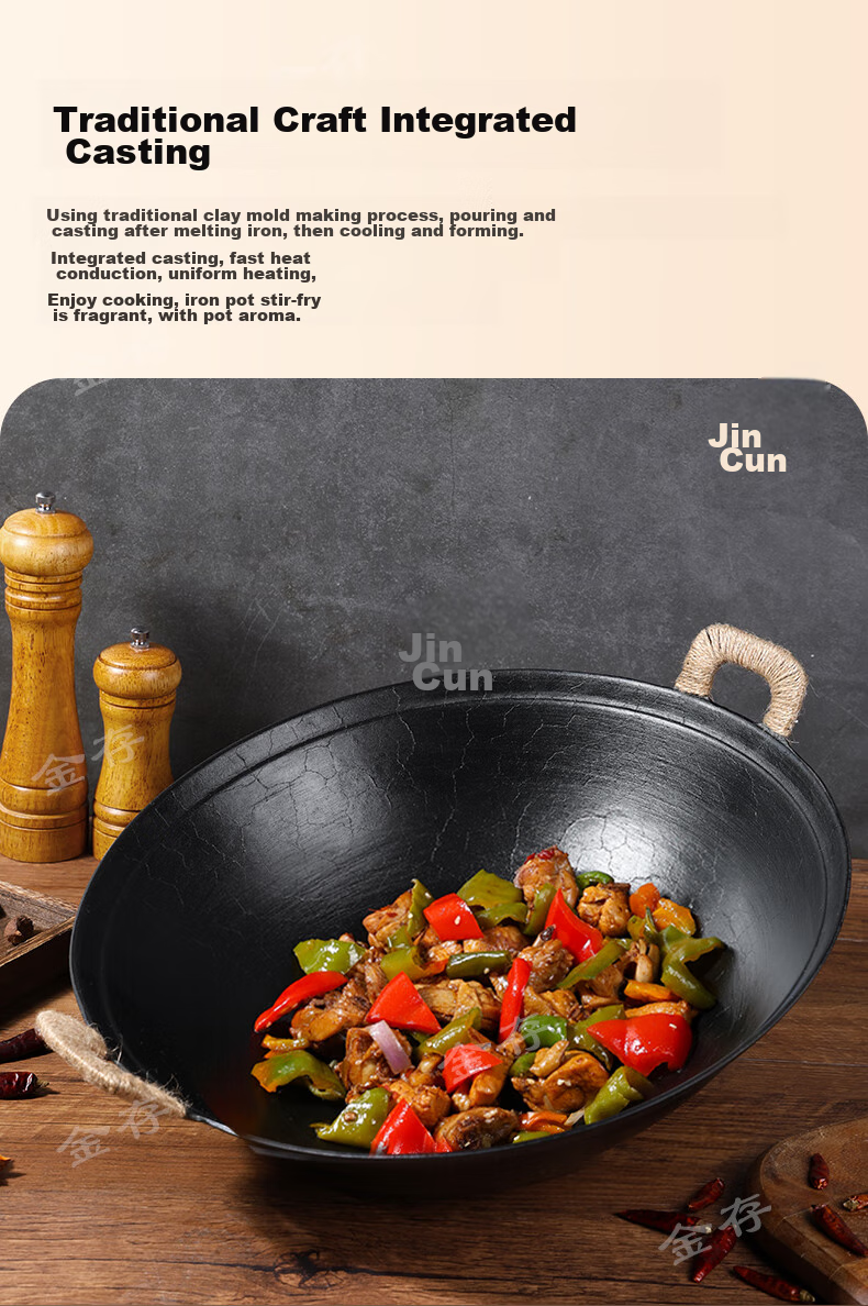 Jincun Cast Iron Wok, Uncoated Stir-Fry Pan, Stew Pot, Non-Stick, Home Use, Round Bottom, Double Handles, Authentic Raw Iron, 38cm 4