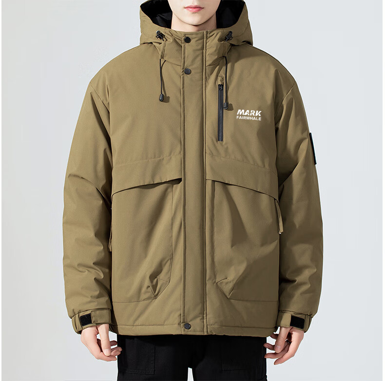 MARK FAIRWHALE Men's Cotton Padded Jacket Autumn Winter Thickened Hooded Coat Warm Puffer Jacket Light Army Green L 7