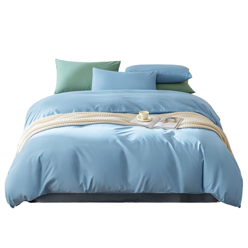 JD Original Soft Brushed Four-Piece Bedding Set, 120g Soft Brushed Spring And Summer Durable Class A Double Bed Linen with Bedsheet, Duvet Cover, Pillowcases, 1.5m Sky Blue