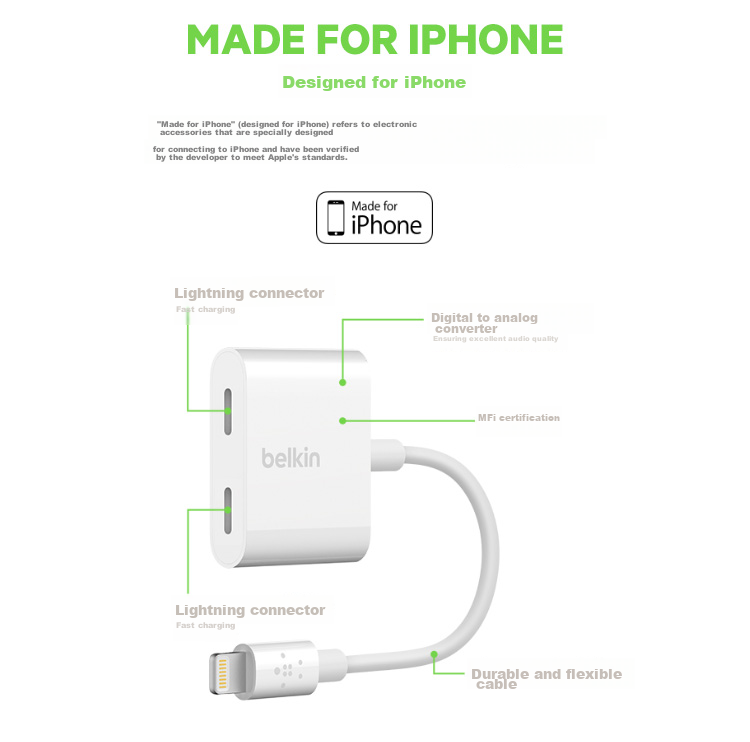 BELKIN Apple Lightning to Dual Adapter, IPhone Expansion Cable, Splitter for Music And Charging, F8J198 3