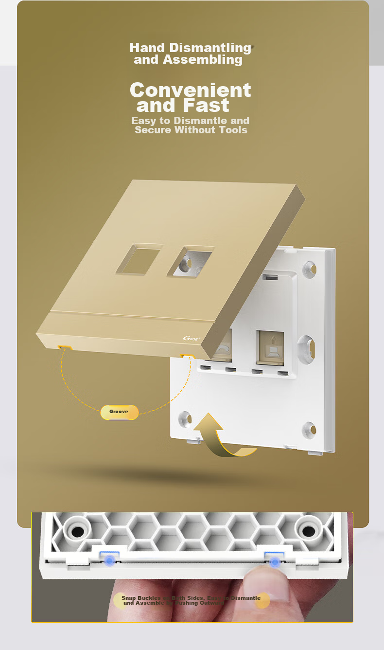 CNCOB Network Panel Dual Port [Champagne Gold], Home Wall Network Port Computer Network Cable Socket Panel Universal Cat5/6/7 Module 86 Type Panel, CN-1202 5