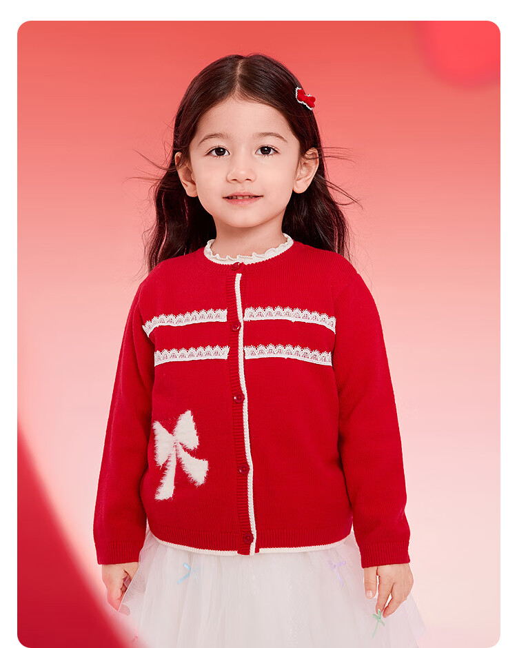 Balabala [balaOne] Girls' Little Chanel Style Knitted Cardigan Red New Year Spring Sweater 5