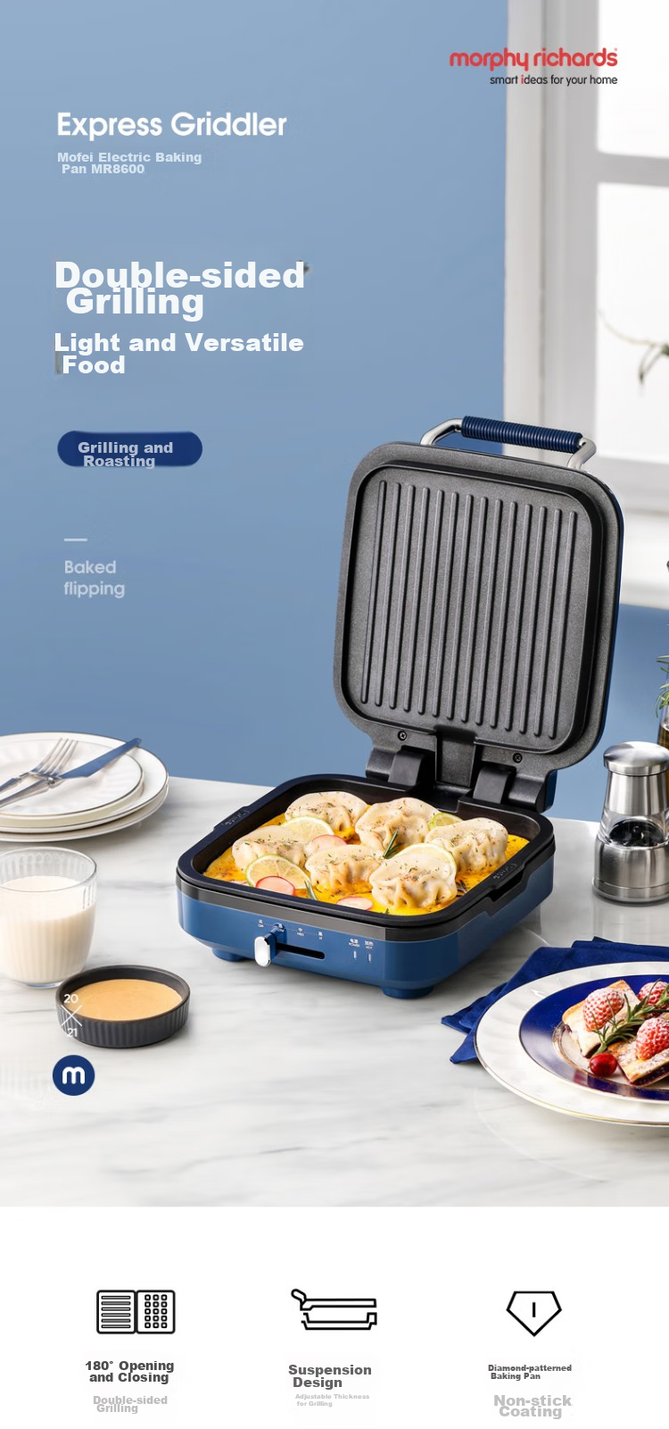 Morphyrichards Electric Griddle for Home Use, Double-Sided Heating Pancake Maker, Breakfast Machine, Sandwich Maker, Electric Frying Pan, Grill Pan, MR6105 1