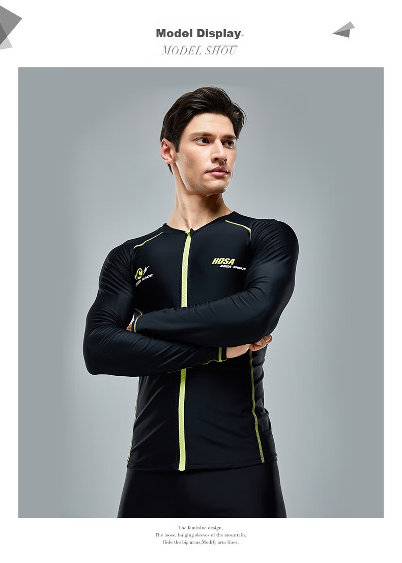 Hosa Men's Long-Sleeve Swimsuit Beach Swimwear Vacation Diving Surfing Suit Black Top M 9