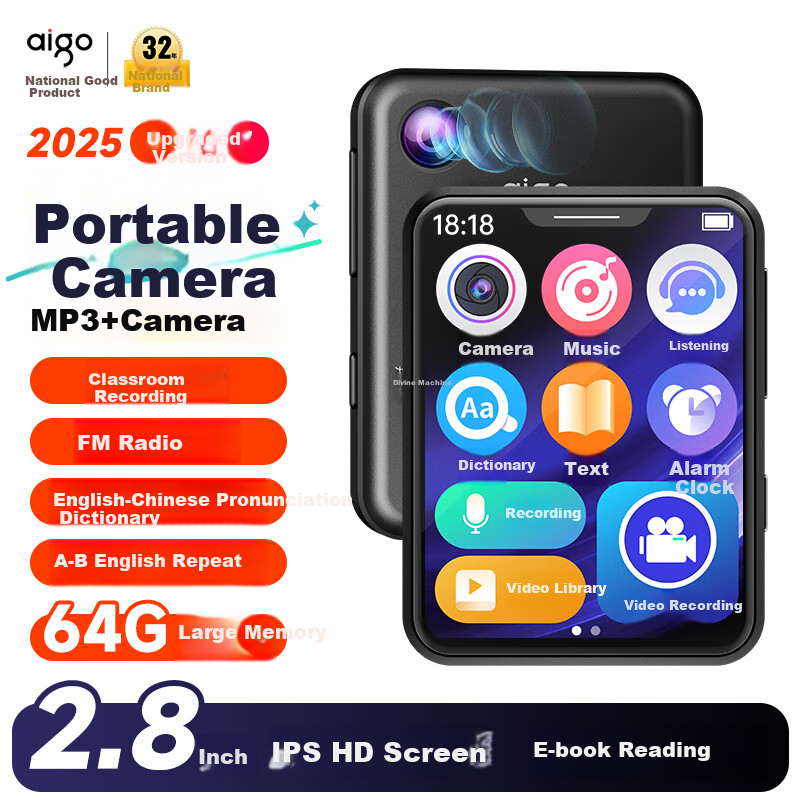 Aigo MP3/MP4 Player, Music Portable Player, English-Chinese Dictionary, 2.8-Inch E-Book Reader, Sports Camera with 806-64GB Storage