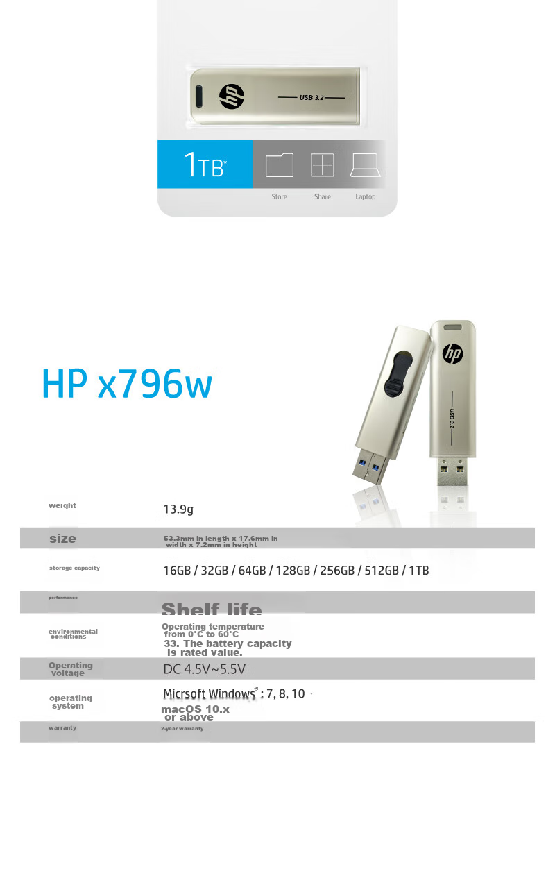 HP 32GB USB3.2 Flash Drive X796W, High-Speed Read And Write, Multifunctional for Study And Office, Computer And Car Metal USB Drive 16