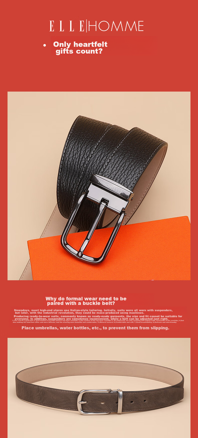 ELLE HOMME Men's Leather Belt, Fashionable Pin Buckle Waistband, Top-Grain Cowhide Casual Trouser Belt for Men, Birthday Gift for Me 4