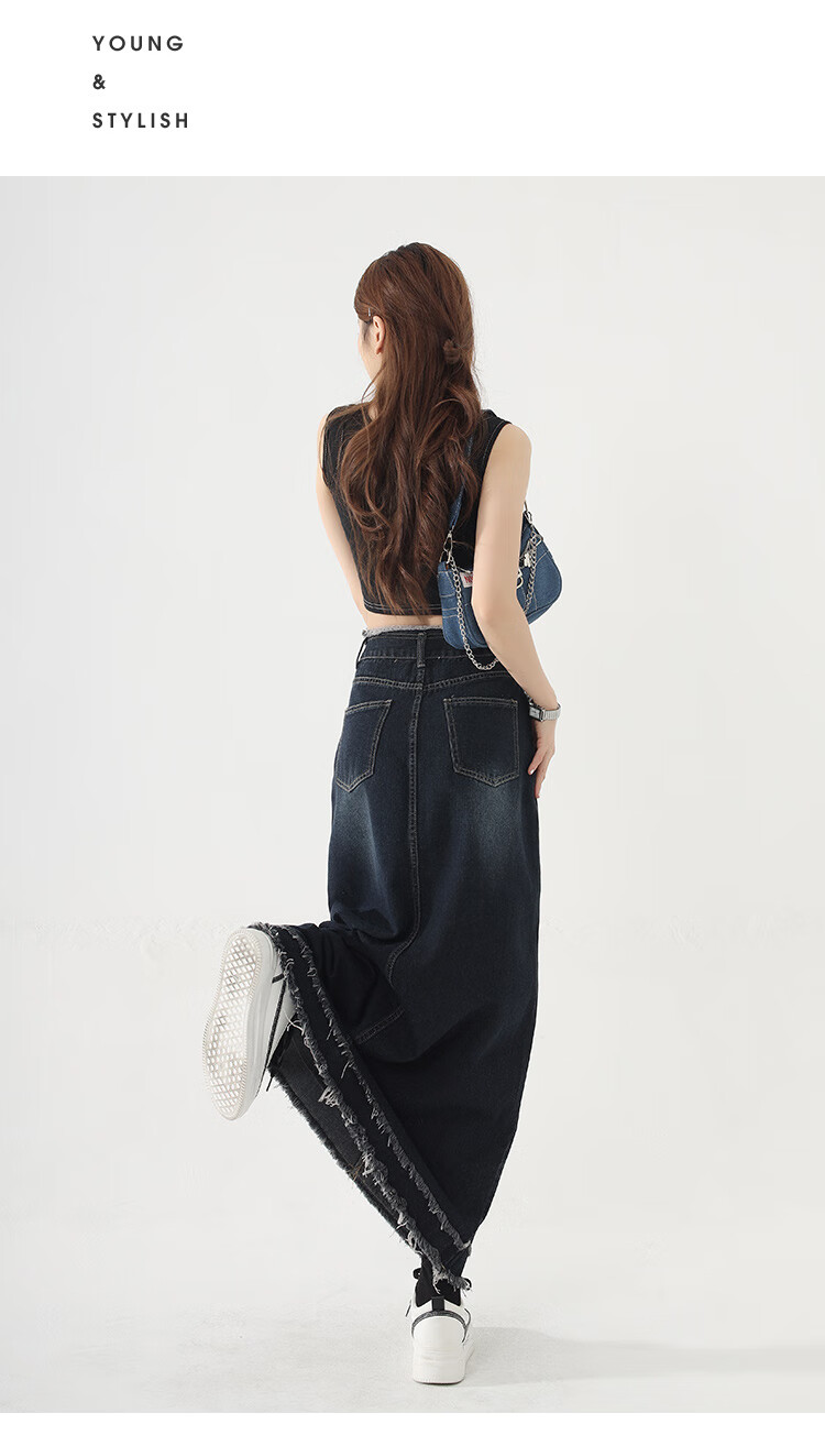 JEANSWEST Denim Skirt for Women, 2024 Autumn Vintage Style, Petite French A-Line Slimming Design, Dark Blue, Size S 5