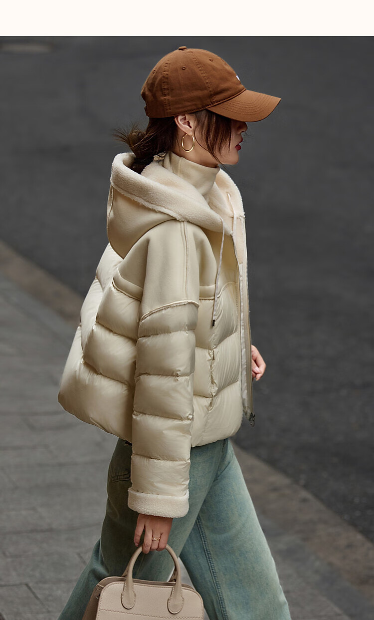 Dme [Xueshan Dushi] Winter 400T Spring Yafang Light Luxury 90% Duck Down Hooded Patchwork Elastic down Jacket for Wome 13