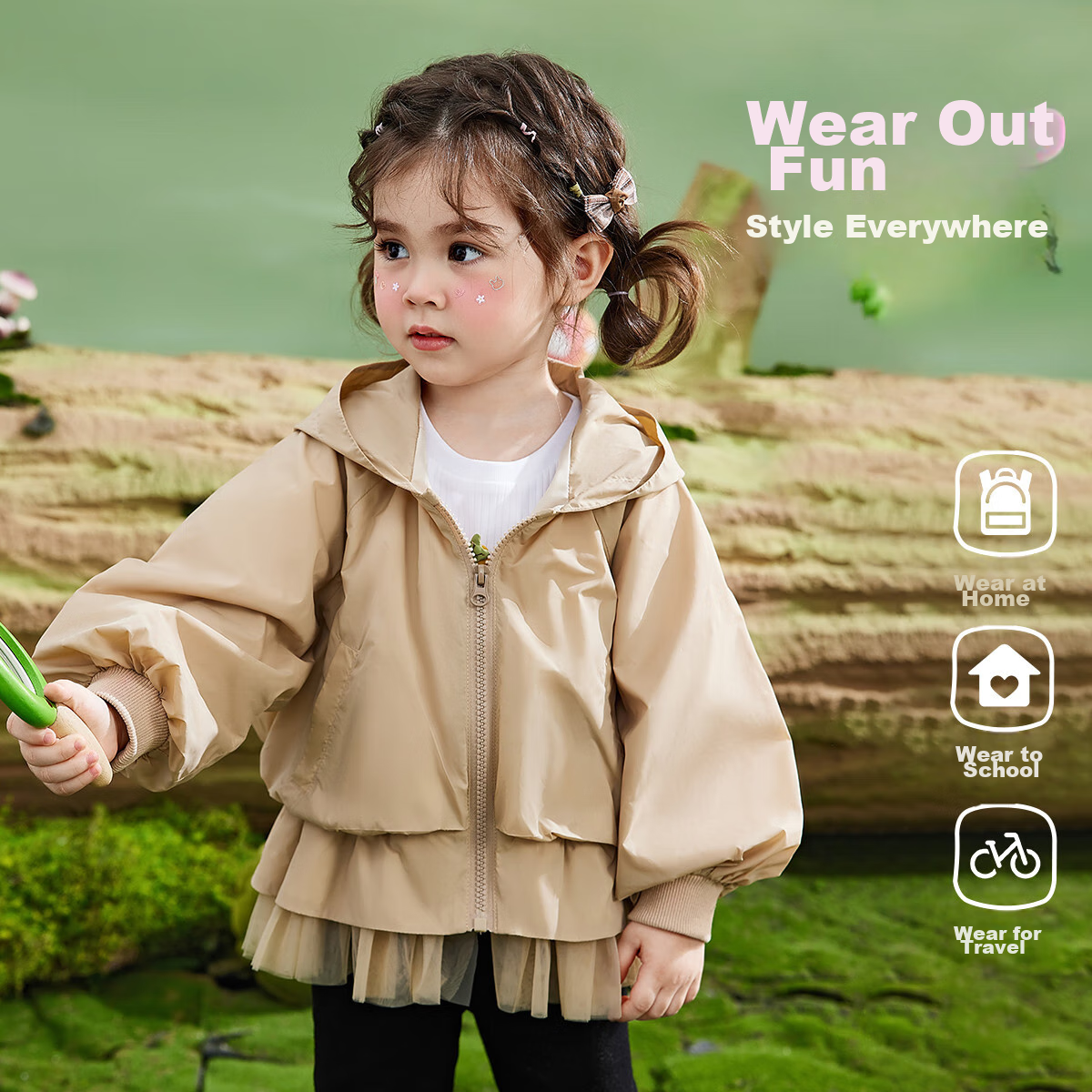 ASK JUNIOR Children's Outerwear, Girls' Autumn Jacket, Toddler Cardigan, Casual Versatile Hooded Top, Khaki Color, Size 130