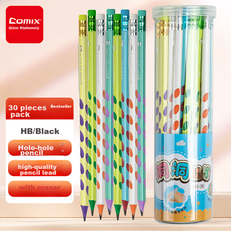 COMIX Perforated Pencils with Colorful Handles, 30 Pieces HB, Elementary School Students' Writing Practice Pencils, Children's Posture Correction, Triangular Wooden Handle Easy-Grip Pencils, Erasable with Eraser, XS12