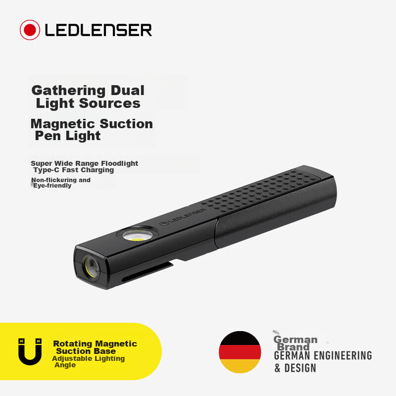 LED LENSER German High-Intensity Flashlight W4R with Dual Light Sources, Magnetic Pen Light, Work Light for Auto Repair, Outdoor Equipment