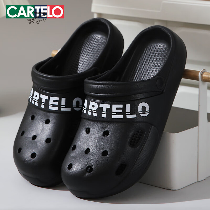 CARTELO Perforated Sandals for Men, Summer Beach Slippers, Casual Garden Shoes, Style 1488, Black, Size 44-45