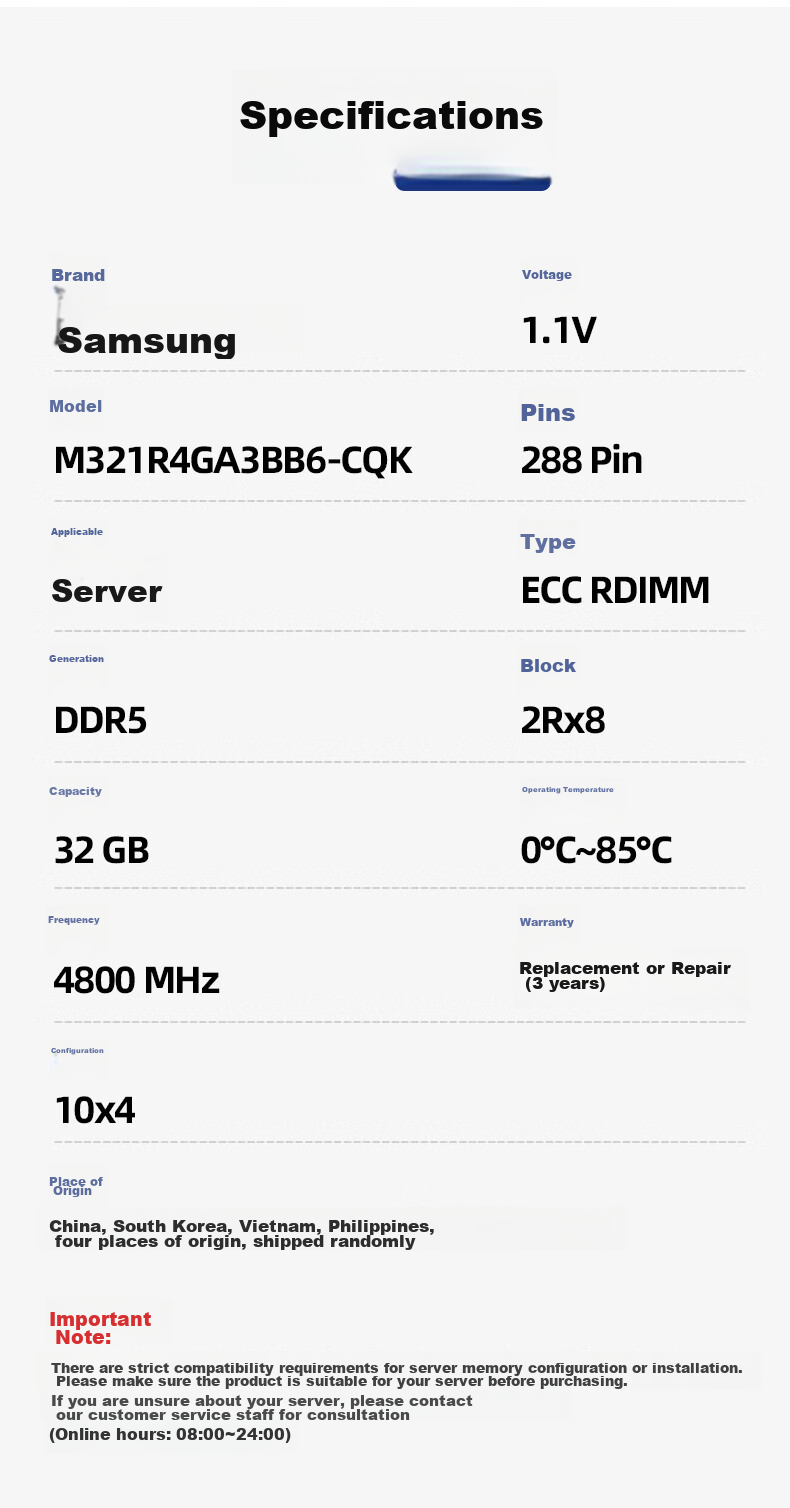 SAMSUNG Storage Server Memory 64GB DDR5 RECC 2R×4 5600MHz Compatible with Deepseek/AI Deployment M321R8GA0PB0-CWM 4