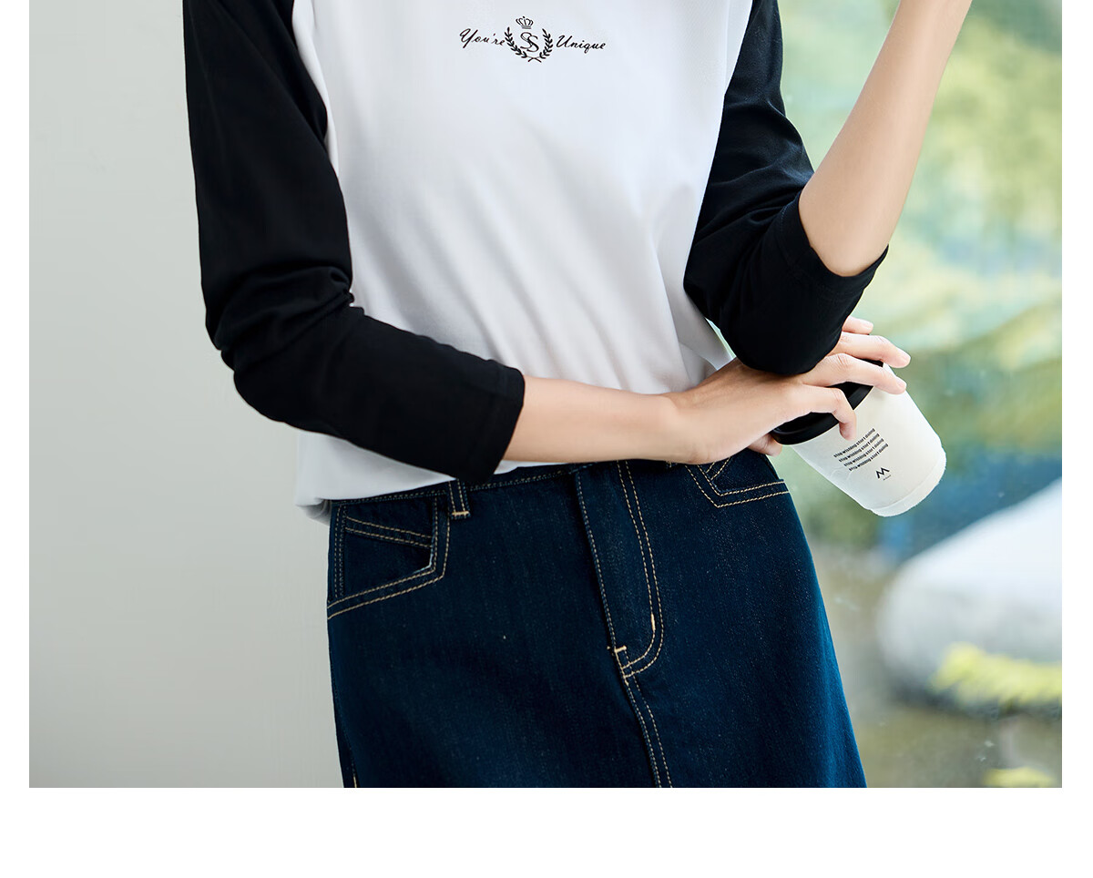 Chushen Spring And Autumn Long-Sleeve T-Shirt for Women, Wilderness Maillard Round Neck Contrasting Color Splicing Simple Loose Base Shirt S143T2022 35