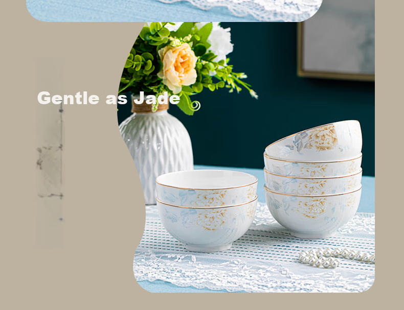 Yichen Jingdezhen Ceramic Tableware, 4.5-Inch Rice Bowl, Complete Set for Home Use, European Style Bowls And Plates, Golden Branches And Jade Leaves 6