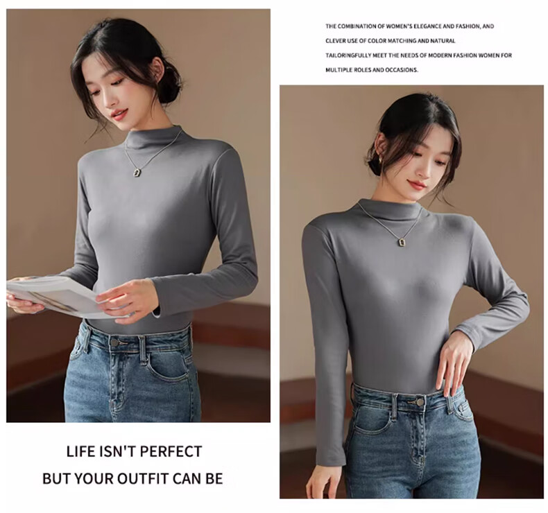 LangSha Semi-Turtleneck Base Layer for Women, New Autumn And Winter Thick Fleece Ribbed Long-Sleeve Slim-Fit Antibacterial Anti-Mite Inner Wear Top 19