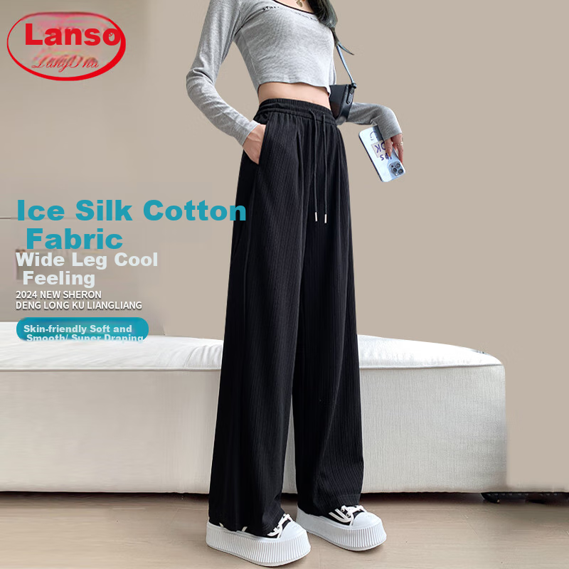 LangSha Ice Silk Cotton Wide-Leg Pants for Women, Spring And Summer Thin Style, Mosquito-Proof, Sun-Protective, Straight-Leg, Slimming, High-Waist, Draping Casual Trousers for Wome