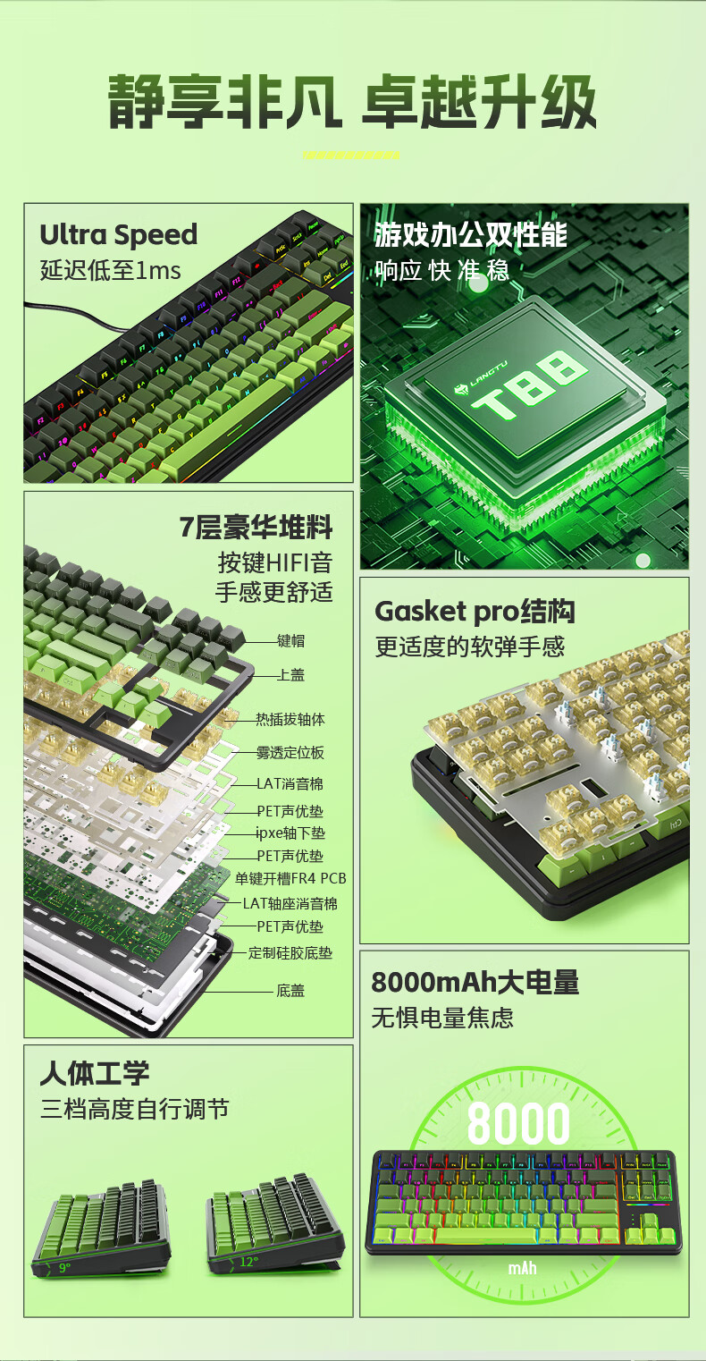 Langtu T88 Mechanical Keyboard Wired Wireless Bluetooth Tri-mode 88-Key Silent Keyboard Gaming E-sports Computer Office Keyboard 10000mAh Blackberry Strawberry Milkshake Switch 5