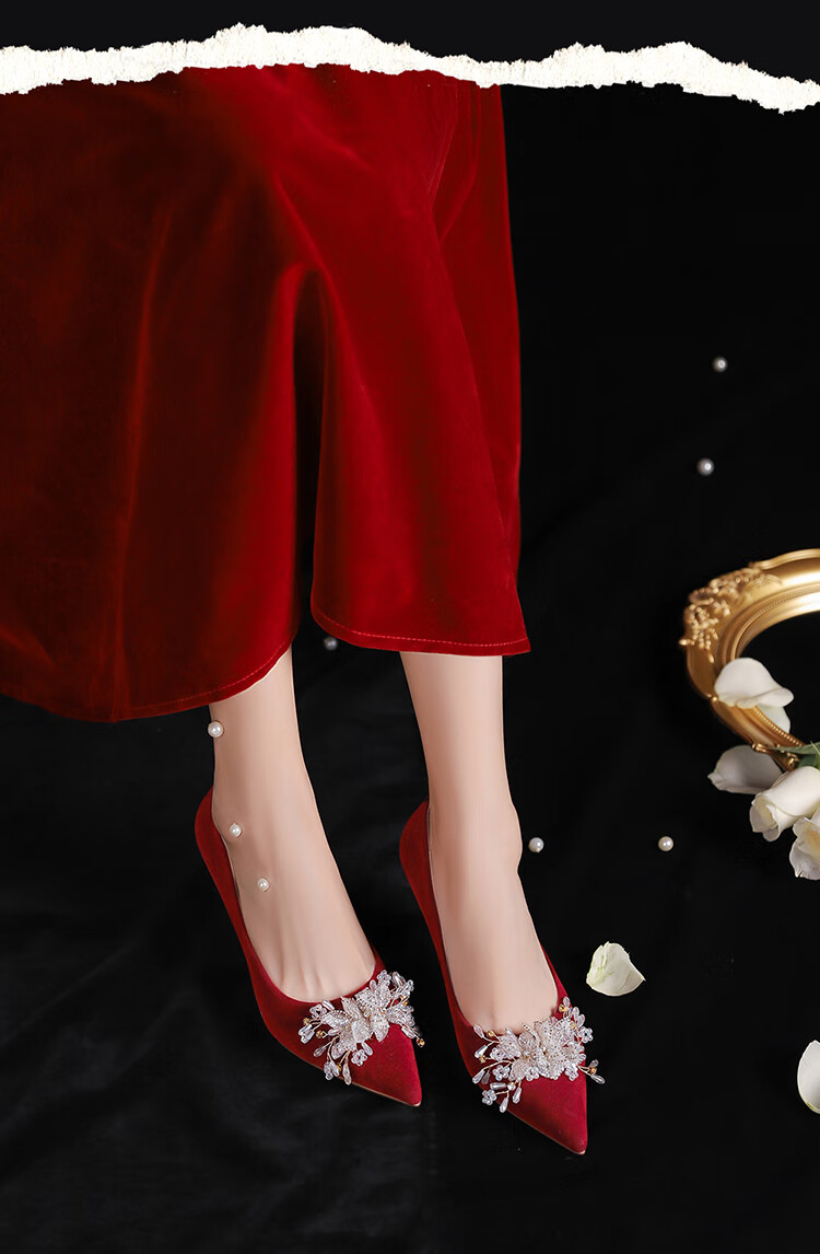 Josiny Red Wedding Shoes for Women, Spring 2026 New Season High Heels, Bridal Engagement Shoes, French Style Pumps, Xiuhe Wedding Dress Red, Size 36 5