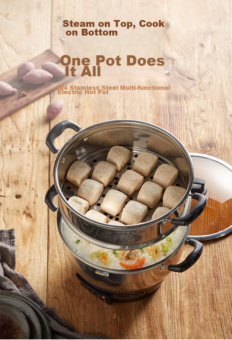 PESKOE Multi-Functional Electric Steamer Pot, 32CM Electric Cooker, Thickened Wok And Cooking Pot, Electric Hot Pot MLG3-32 with Steamer Basket 3