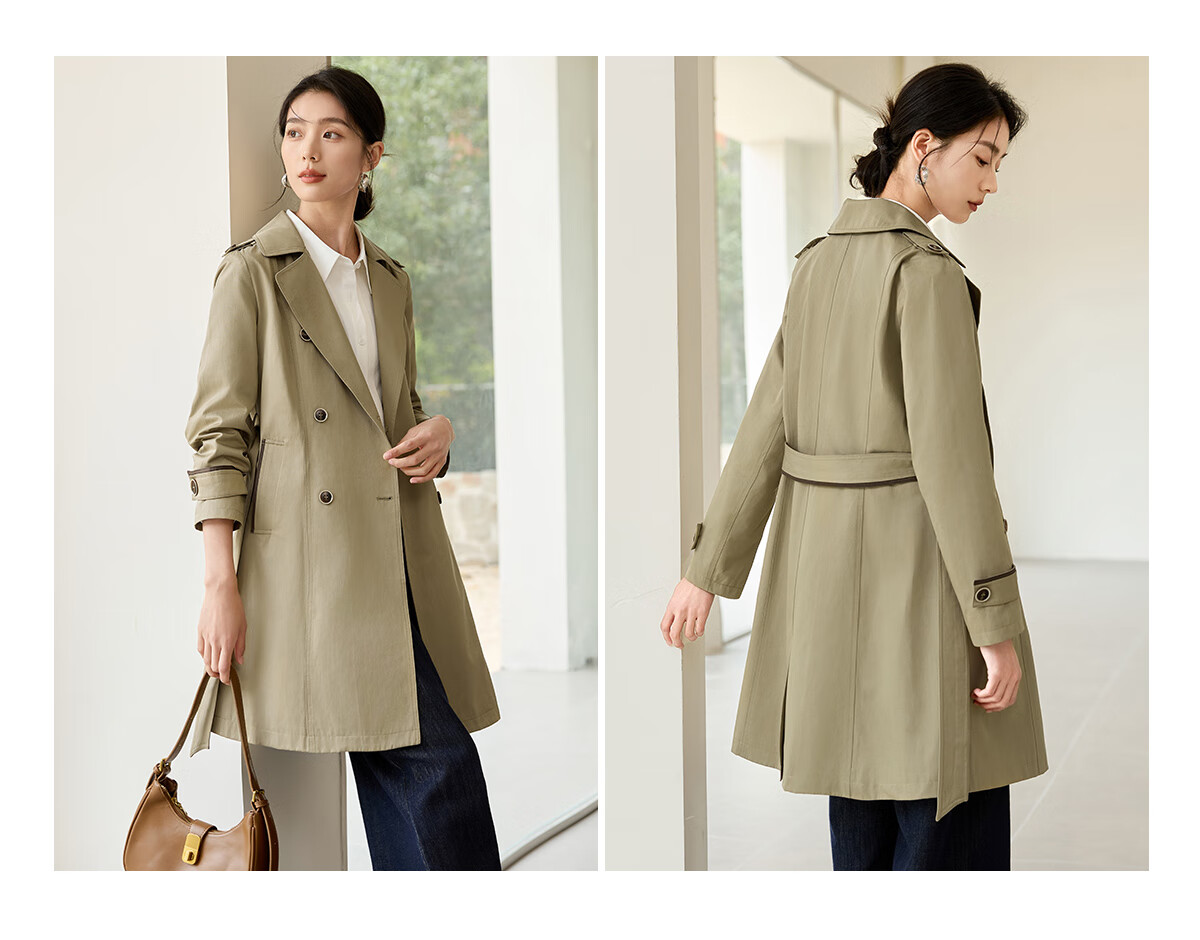 Chushen Spring And Autumn Double-Breasted Windbreaker for Women, Mid-Length, Elegant Classic H-Type Waist-Cinching Slimming Coat S51D003 14