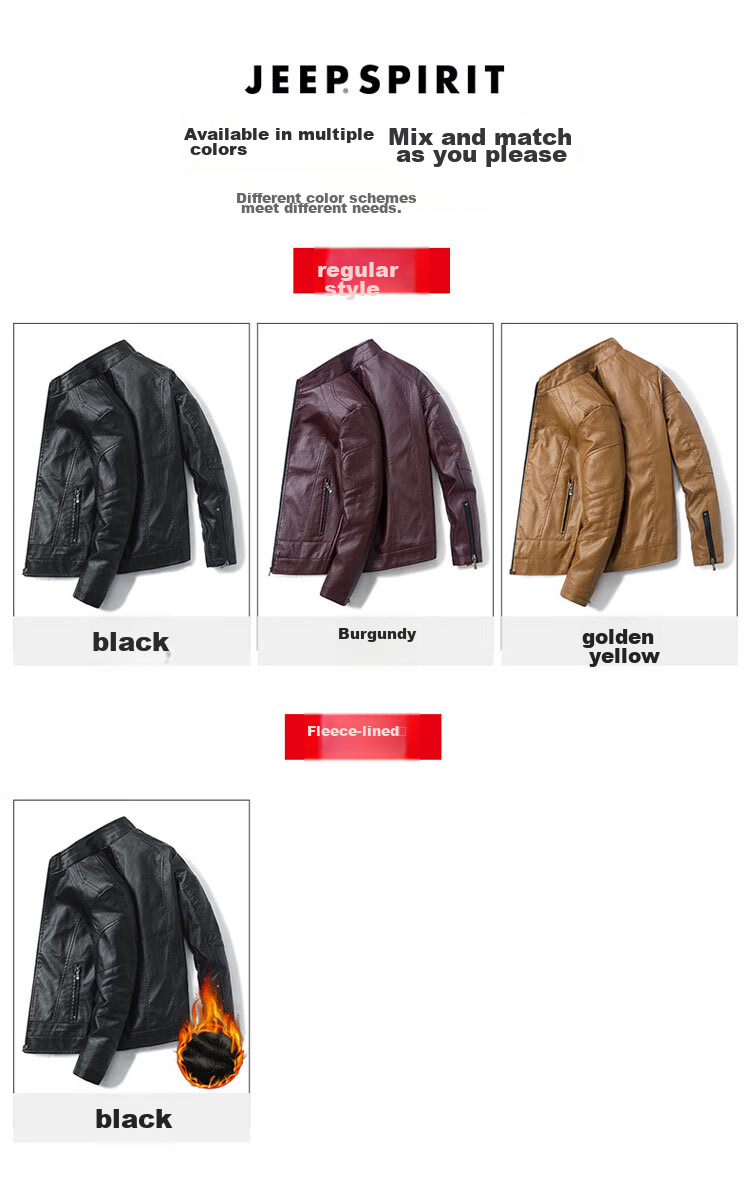 JEEP SPIRIT Men's Leather Jacket, Spring And Autumn Stand-Collar Business Motorcycle Outerwear, Black, Size L 9