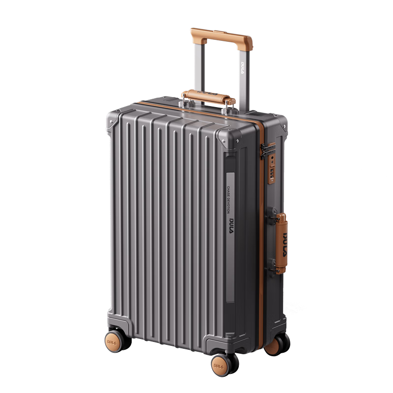DULA Luggage, Stylish Multifunctional Suitcase with Cup Holder And USB Port, Travel Case with Password Lock, Ash Gray Brown, 26 Inches