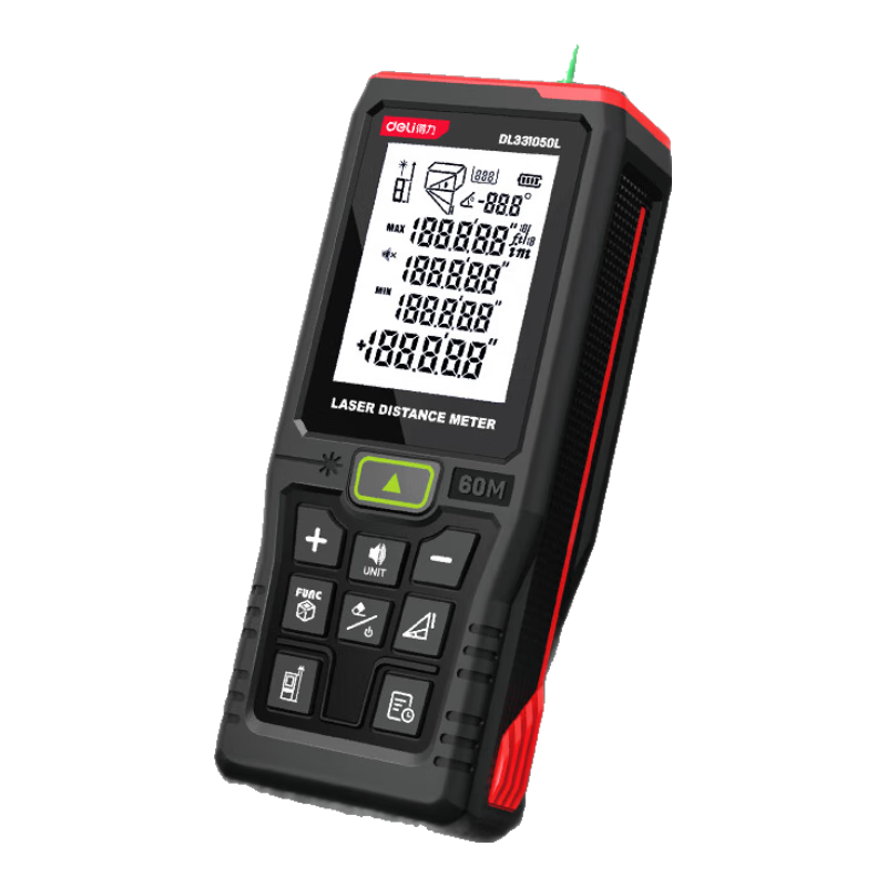 Deli Green Laser Rangefinder, Lithium Battery-Powered Voice-Activated Handheld Device, 120-Meter Range, High-Precision Room Measuring Instrument