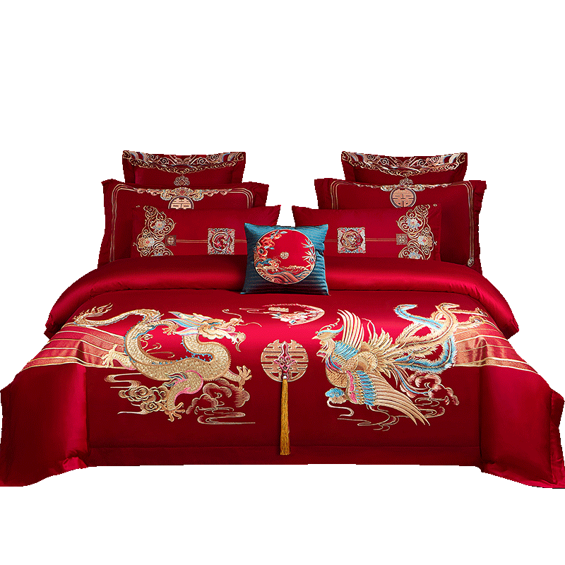 I-WILL Wedding Four-Piece Set, Pure Cotton Embroidered Bed Sheet And Duvet Cover, New Wedding Celebration Bedding Gift, Dragon And Phoenix Adding Joy, for 1.5/1.8 Meter Bed