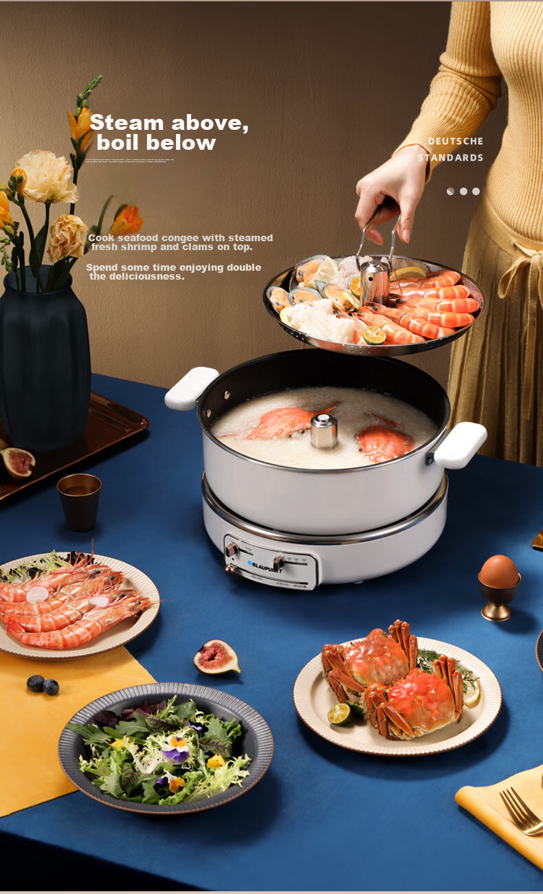 BLAUPUNKT Electric Hot Pot with Adjustable Height, Multi-Functional Cooking Pot for Home Use, 5L Detachable Electric Cooker with Magnetic Stove, Electric Stew Pot, Barbecue Meat Frying Stir-Frying Stewing Pot, Light Luxury Blue H1 17