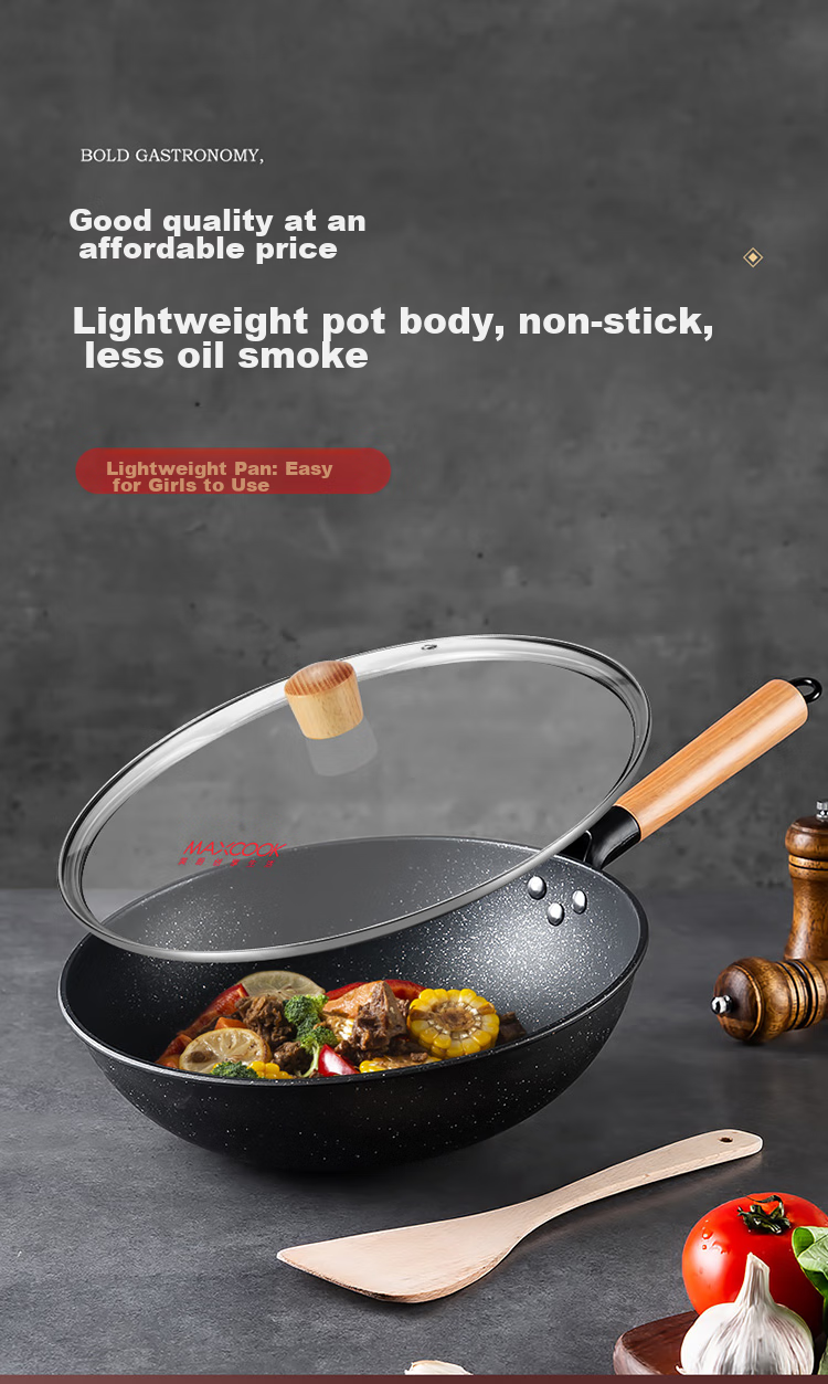 MAXCOOK Non-Stick Wok, 32cm Iron Pan with Wooden Spatula, Compatible with Gas And Induction Stoves, Non-Stick Coating MCC588 1