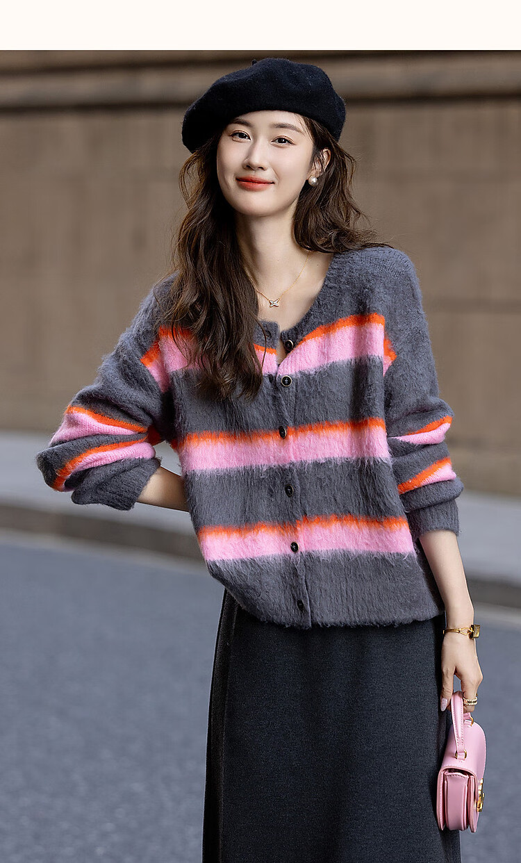 Dme [Line Aesthetics] Spring And Autumn Lazy Dopamine Striped Cardigan, Contrasting Colors, Comfortable, Slimming Women's Jacket 11