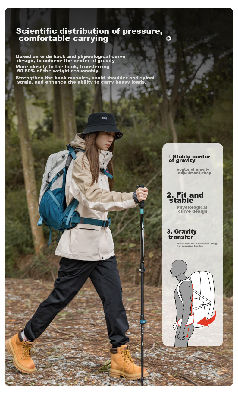 CAMEL [Shanshi] Outdoor Lightweight Hiking Backpack, Large Capacity Professional Trekking Waterproof Travel Backpack, Silver Gray 4
