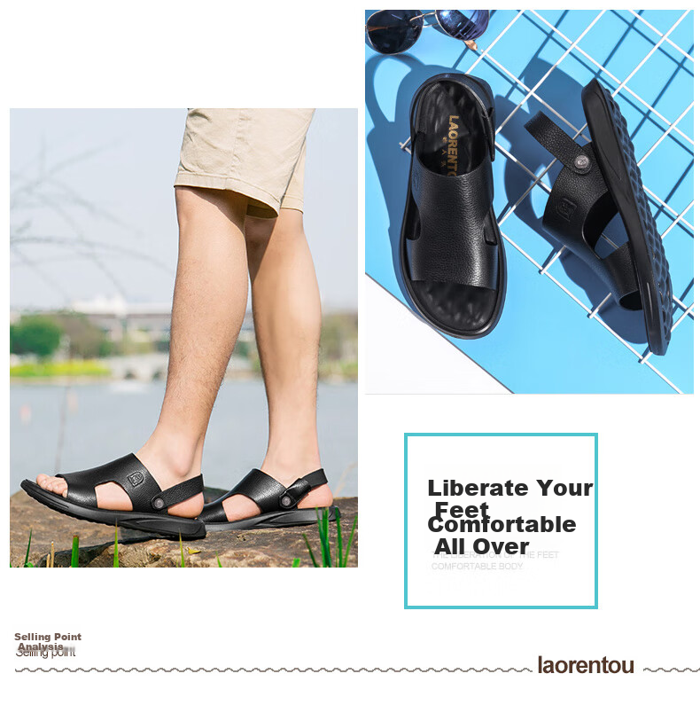 LAORENTOU Men's Sandals, Summer Top-Grain Leather Breathable Beach Versatile Casual Shoes Slippers Men's Footwear, 10965 Black 41 5