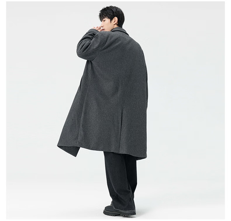 Dingfengbaoluo Men's Woolen Coat Autumn Winter Mid-Length Korean Style High-Quality Loose Over-the-Knee Wool Trench Coat HT88 Black 5XL 6