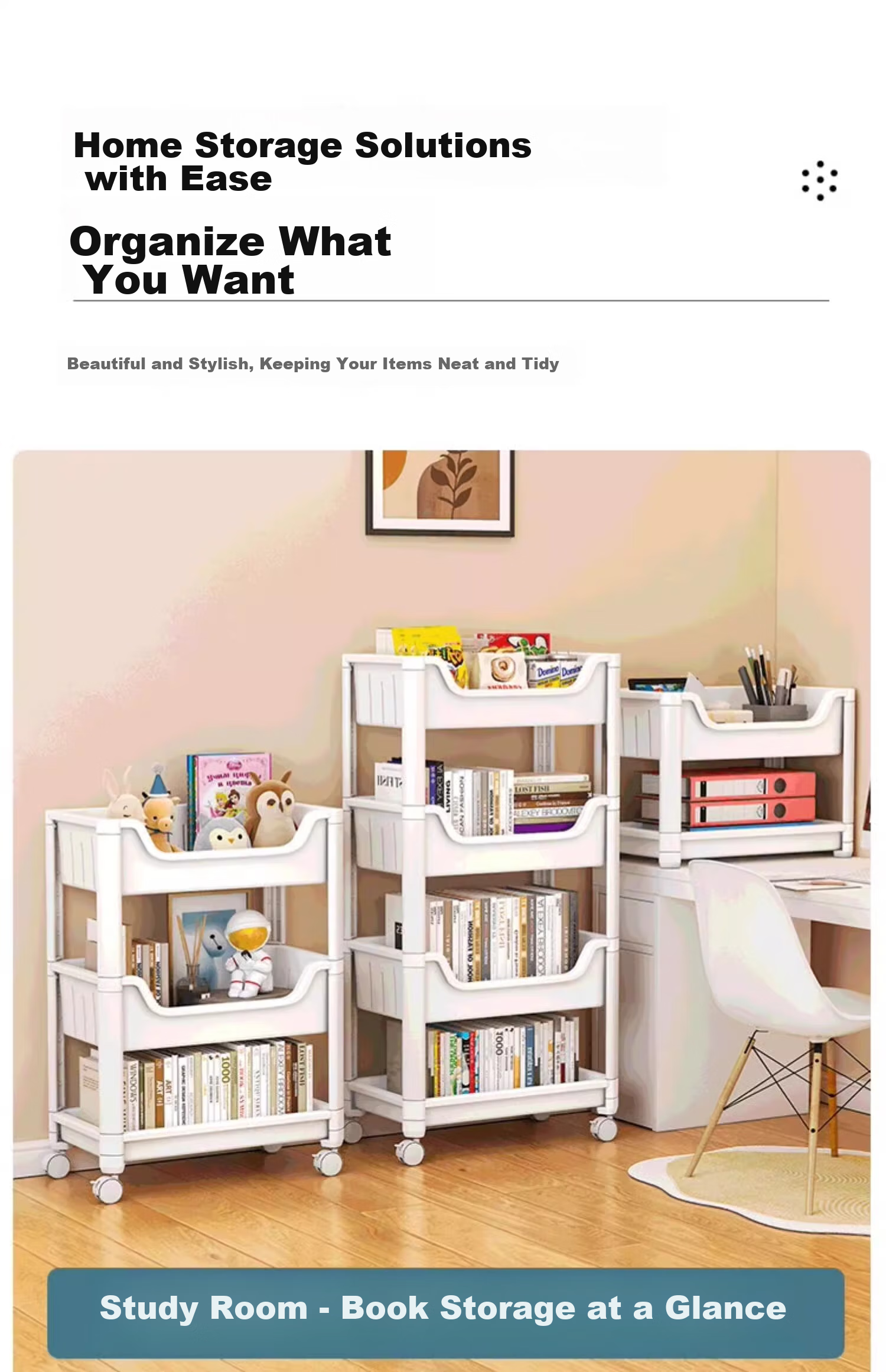 XIAOJIANGCAI Bookshelf Storage Rack, Floor-Standing Home Simple Multi-Layer with Wheels, Toy Storage Cart, 4-Tier Storage Shelf 17