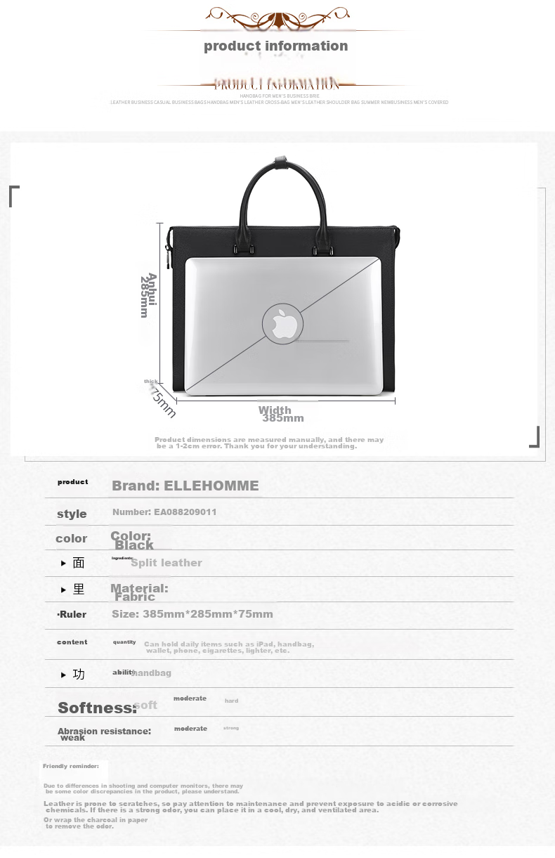 ELLE HOMME Men's Business Briefcase, Stylish Horizontal Cowhide Handbag, Large Capacity Laptop Bag for Men EA088209011 Black 4