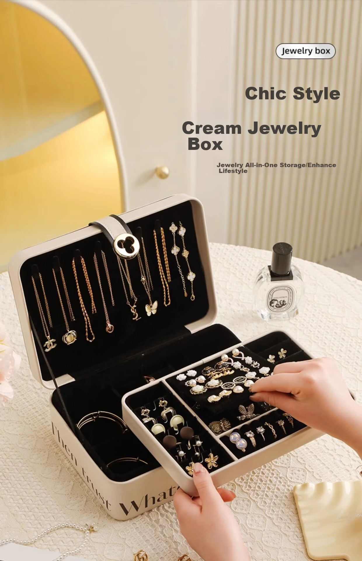 Fanyejia Luxury Large Capacity Lockable Jewelry Box for Necklaces, Rings, Watches, Gold, 3-Layer Organizer Gift Box 1